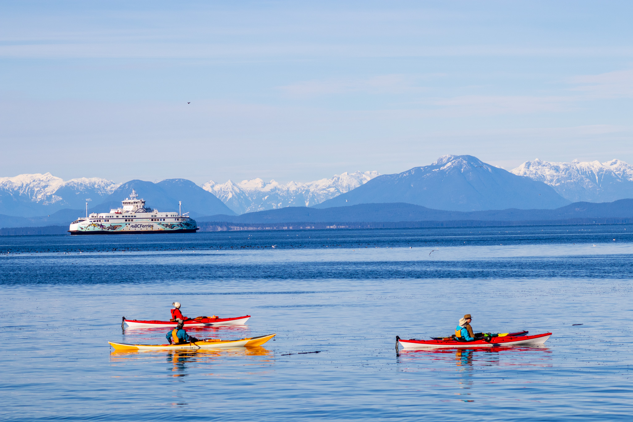Colorful kayaks of red and yellow in the stillness of the blue ocean as a Ferry passes by in the distance.